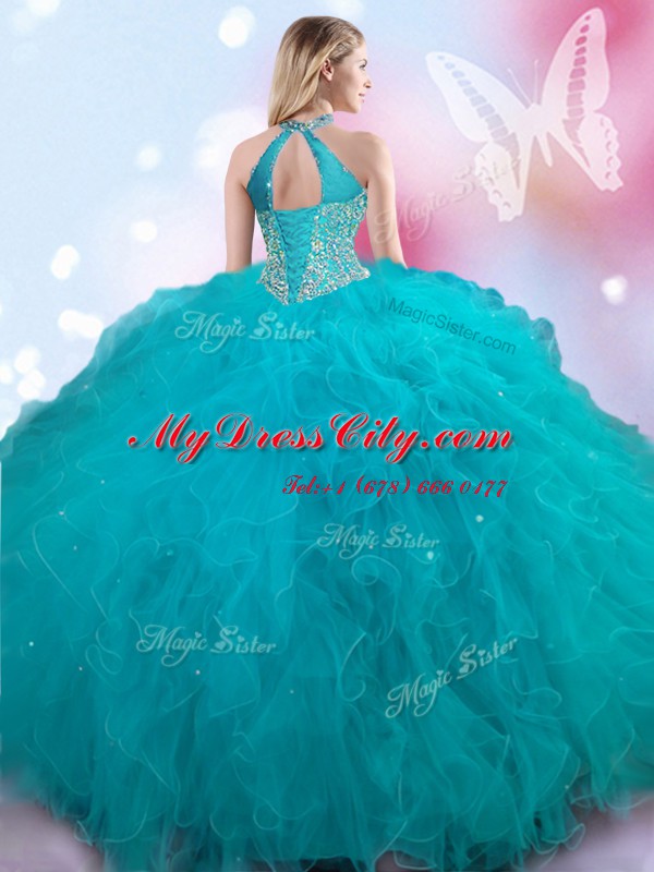 Wonderful Halter Top Sleeveless Lace Up Floor Length Beading 15 Quinceanera Dress