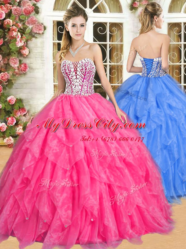 Hot Pink Ball Gowns Sweetheart Sleeveless Organza Floor Length Lace Up Beading and Ruffles Quinceanera Dress