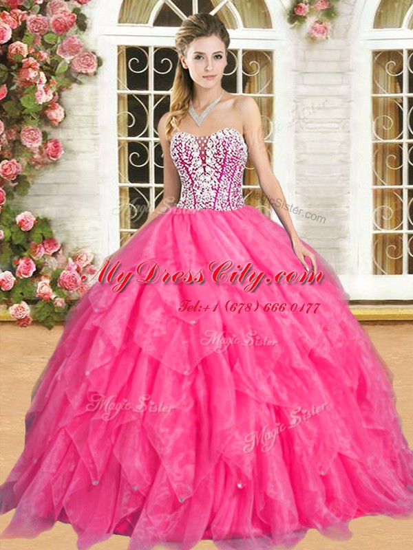 Hot Pink Ball Gowns Sweetheart Sleeveless Organza Floor Length Lace Up Beading and Ruffles Quinceanera Dress