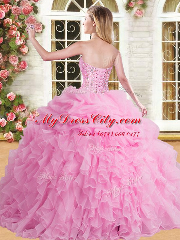 Rose Pink Sweetheart Lace Up Appliques and Ruffles and Pick Ups Quinceanera Dress Sleeveless