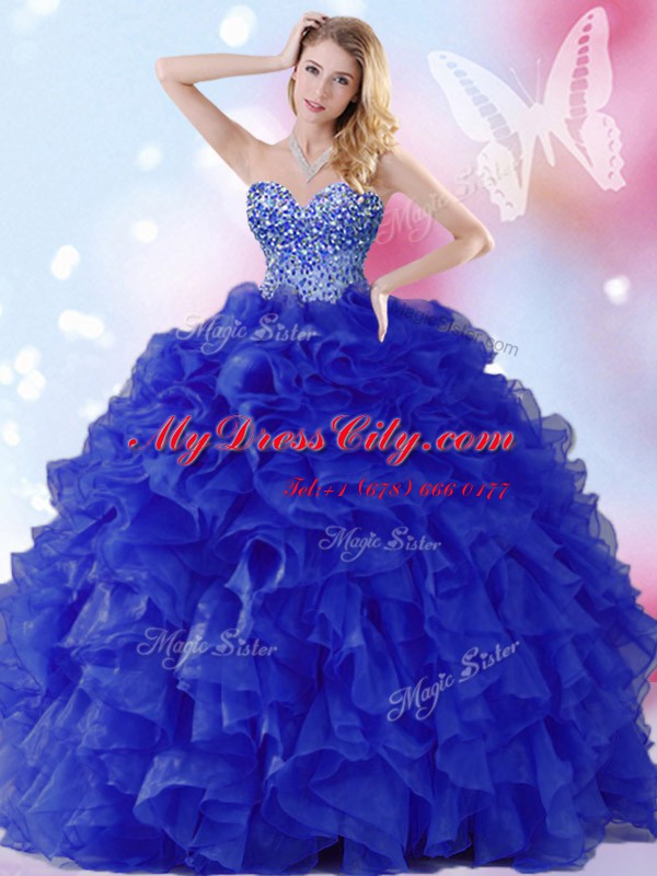 Inexpensive Sleeveless Organza Floor Length Lace Up Quinceanera Dress in Royal Blue with Beading and Ruffles