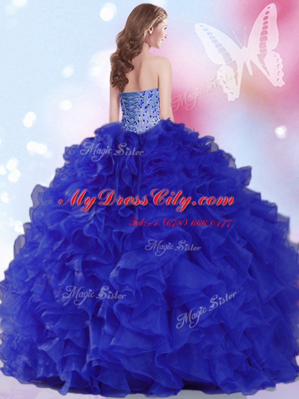 Inexpensive Sleeveless Organza Floor Length Lace Up Quinceanera Dress in Royal Blue with Beading and Ruffles