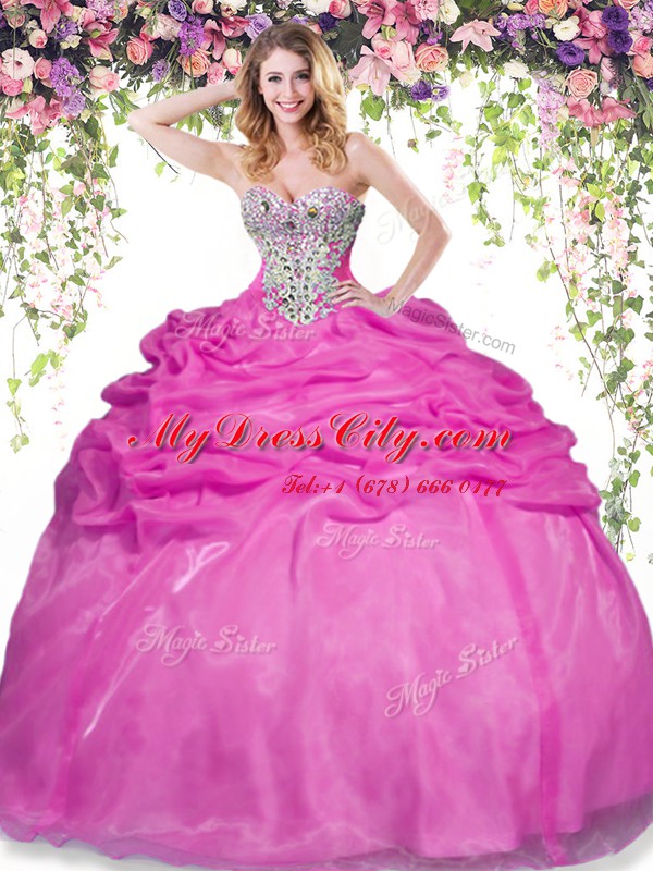 Exquisite Pick Ups Hot Pink Sleeveless Organza Lace Up Quinceanera Dresses for Military Ball and Sweet 16 and Quinceanera