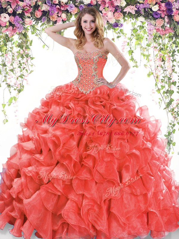 Eye-catching Red Quince Ball Gowns Organza Sweep Train Sleeveless Beading and Ruffles