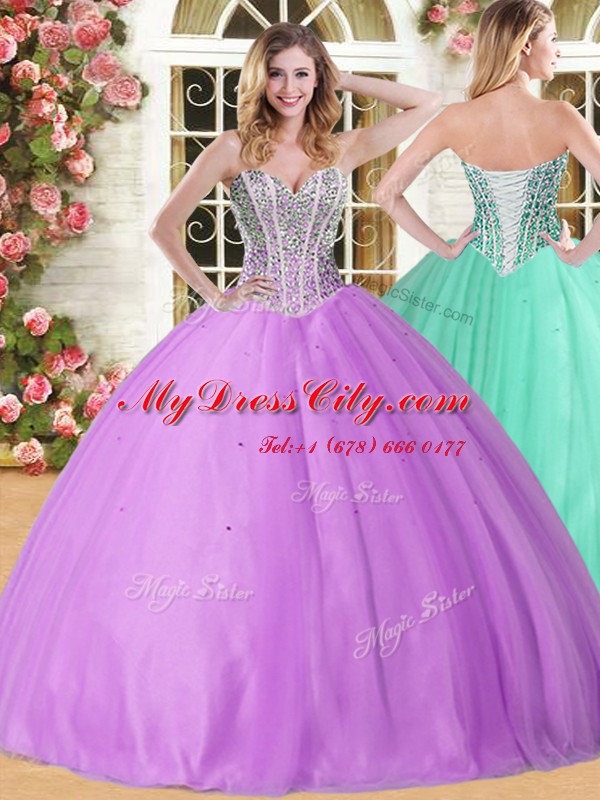 High Class Sleeveless Tulle Floor Length Lace Up Quince Ball Gowns in Lilac with Beading