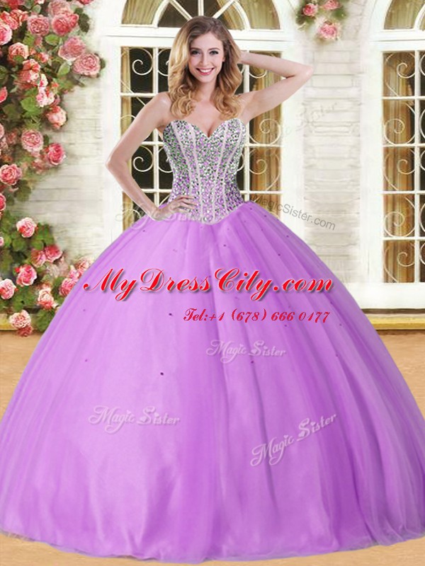 High Class Sleeveless Tulle Floor Length Lace Up Quince Ball Gowns in Lilac with Beading