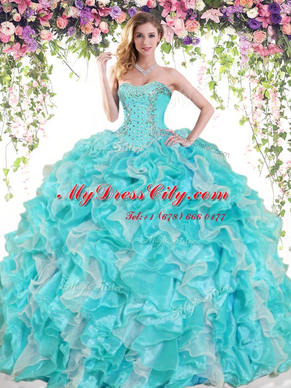 Sleeveless Floor Length Beading and Ruffles Lace Up 15 Quinceanera Dress with Blue And White