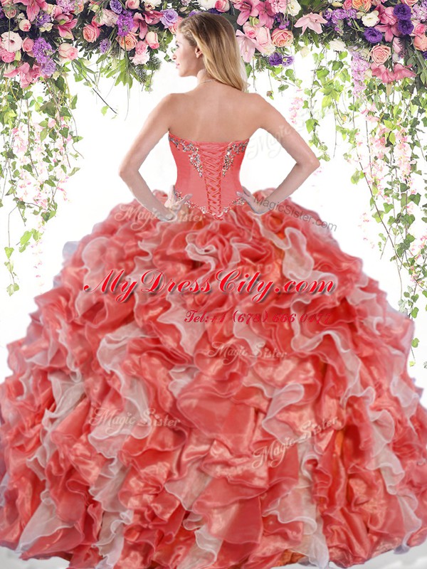 Sleeveless Floor Length Beading and Ruffles Lace Up 15 Quinceanera Dress with Blue And White