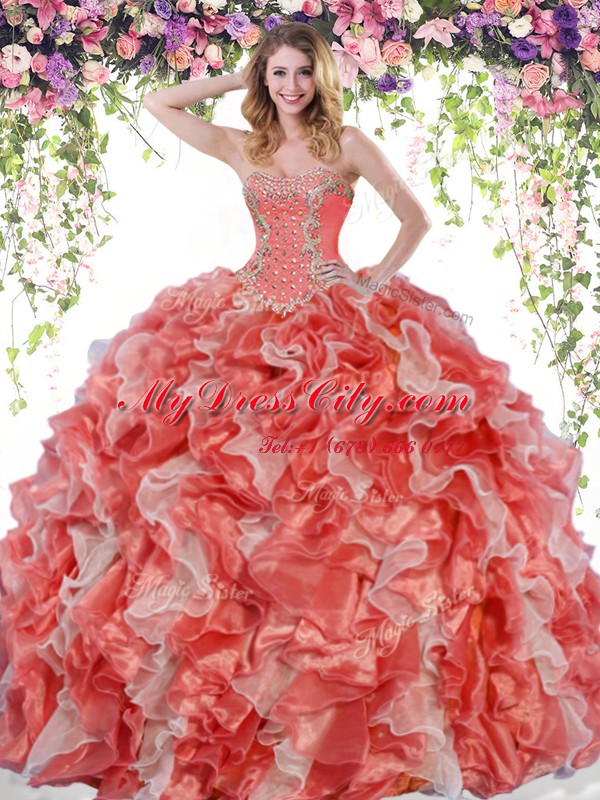 White And Red Organza Lace Up 15th Birthday Dress Sleeveless Floor Length Beading and Ruffles