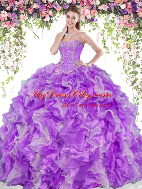 Elegant White And Purple Sweetheart Lace Up Beading and Ruffles Sweet 16 Dresses Sleeveless