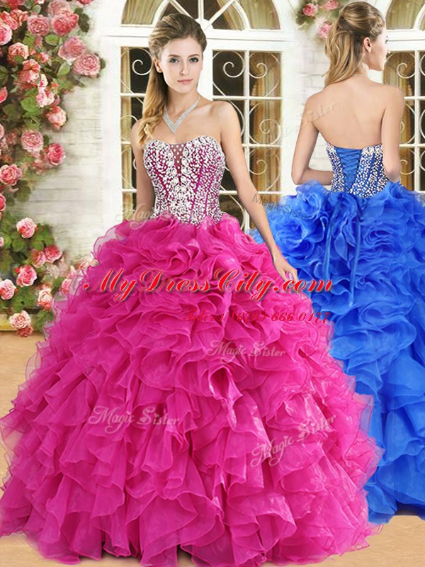 Hot Pink Quinceanera Dress Military Ball and Sweet 16 and Quinceanera and For with Lace and Ruffles Strapless Sleeveless Lace Up