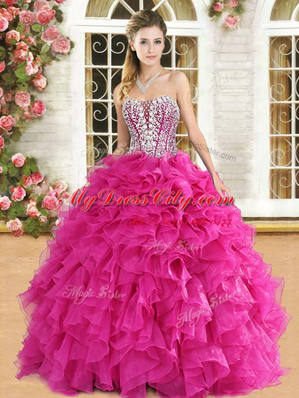 Hot Pink Quinceanera Dress Military Ball and Sweet 16 and Quinceanera and For with Lace and Ruffles Strapless Sleeveless Lace Up