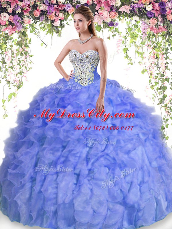 Lavender Sweet 16 Dress Military Ball and Sweet 16 and Quinceanera and For with Beading and Ruffles Sweetheart Sleeveless Lace Up