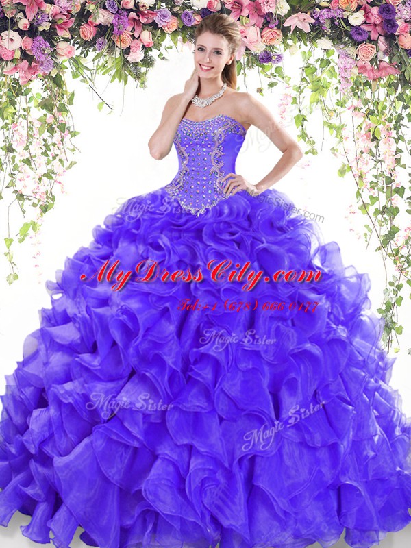 Luxury Purple Sleeveless Organza Sweep Train Lace Up Sweet 16 Dresses for Military Ball and Sweet 16 and Quinceanera