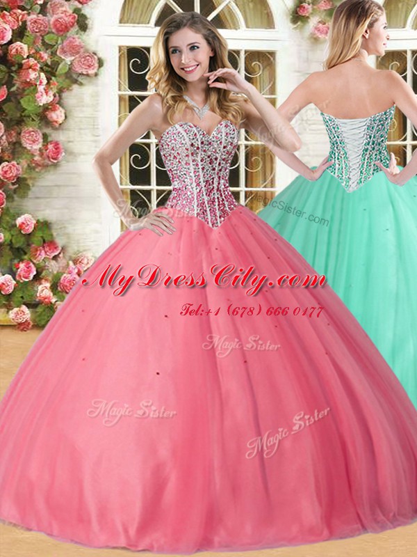 Custom Made Coral Red Sleeveless Tulle Lace Up 15 Quinceanera Dress for Military Ball and Sweet 16 and Quinceanera