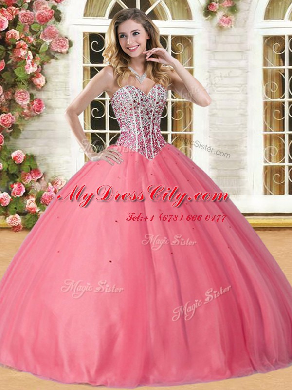 Custom Made Coral Red Sleeveless Tulle Lace Up 15 Quinceanera Dress for Military Ball and Sweet 16 and Quinceanera