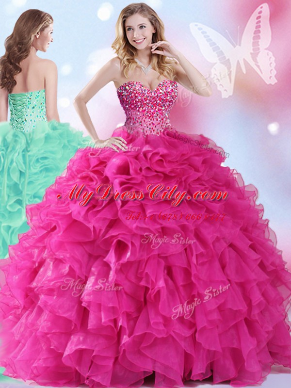 Custom Designed Hot Pink Sleeveless Organza Lace Up Ball Gown Prom Dress for Military Ball and Sweet 16 and Quinceanera