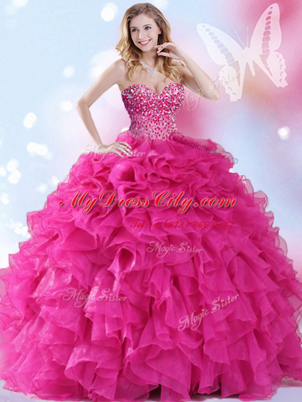 Custom Designed Hot Pink Sleeveless Organza Lace Up Ball Gown Prom Dress for Military Ball and Sweet 16 and Quinceanera