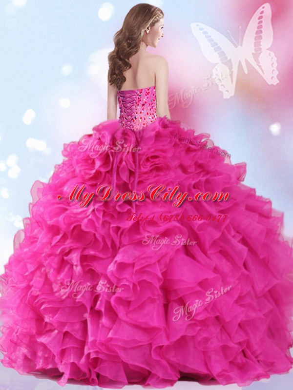 Custom Designed Hot Pink Sleeveless Organza Lace Up Ball Gown Prom Dress for Military Ball and Sweet 16 and Quinceanera