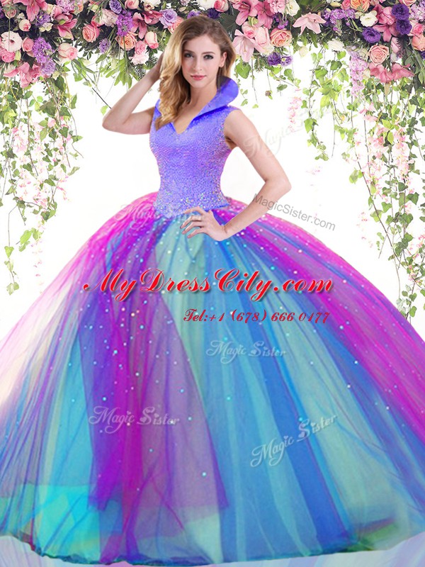 Multi-color Ball Gowns Beading Quinceanera Gowns Backless Satin and Tulle Sleeveless Floor Length