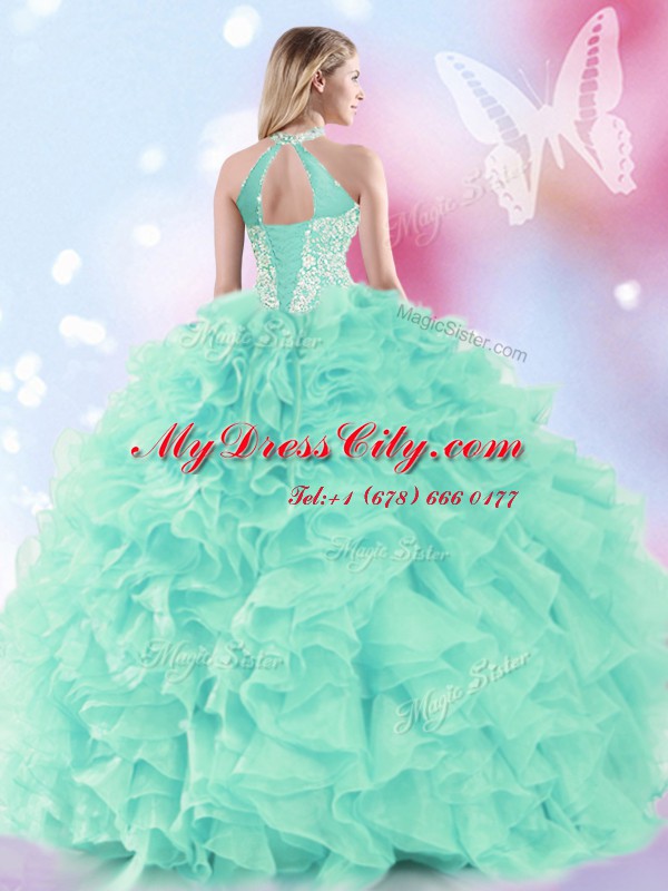 Lovely Organza Halter Top Sleeveless Lace Up Beading and Ruffles Sweet 16 Dress in Apple Green