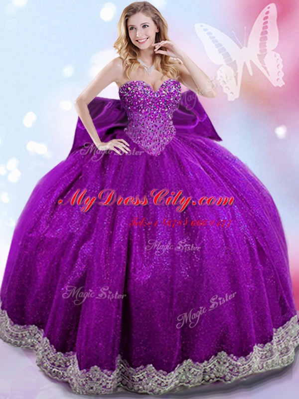 Pretty Taffeta Sweetheart Sleeveless Lace Up Beading and Lace and Bowknot Quinceanera Gown in Eggplant Purple