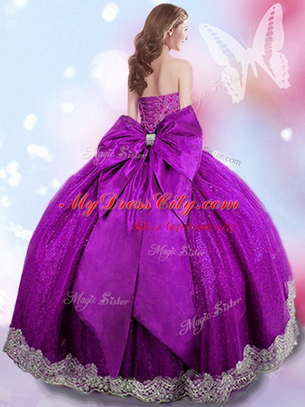 Pretty Taffeta Sweetheart Sleeveless Lace Up Beading and Lace and Bowknot Quinceanera Gown in Eggplant Purple