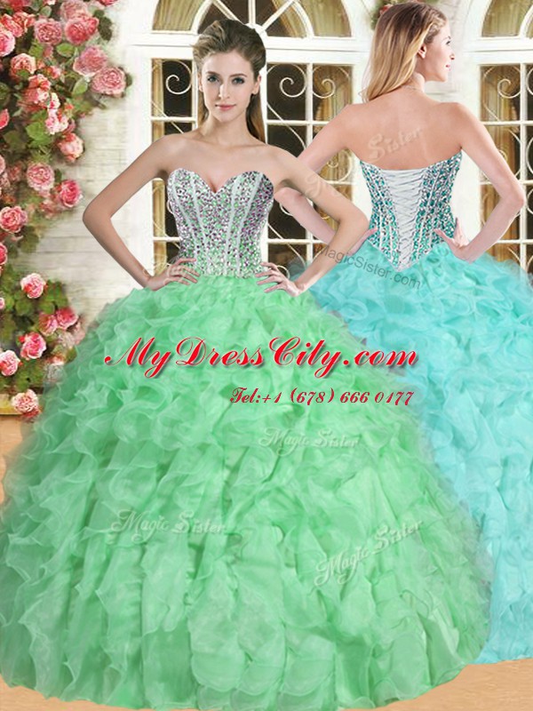 Charming Floor Length Lace Up 15th Birthday Dress for Military Ball and Sweet 16 and Quinceanera with Beading and Ruffles