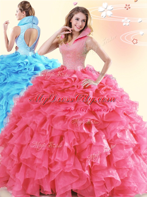 Coral Red Organza Backless 15 Quinceanera Dress Sleeveless Floor Length Beading and Ruffles