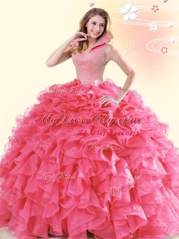 Coral Red Organza Backless 15 Quinceanera Dress Sleeveless Floor Length Beading and Ruffles