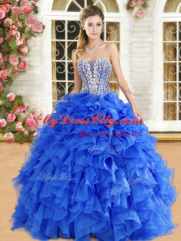 Royal Blue Ball Gowns Strapless Sleeveless Organza Floor Length Lace Up Beading and Ruffles Quinceanera Dress