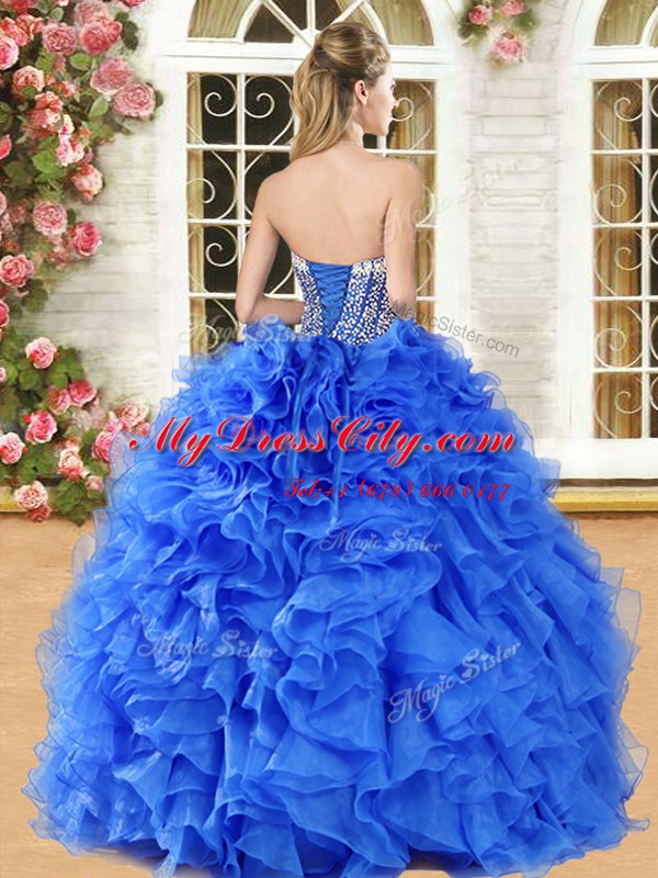 Royal Blue Ball Gowns Strapless Sleeveless Organza Floor Length Lace Up Beading and Ruffles Quinceanera Dress