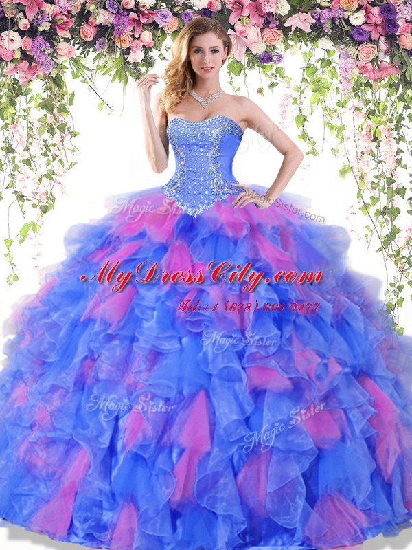 Inexpensive Multi-color Organza Lace Up Sweet 16 Quinceanera Dress Sleeveless Floor Length Beading and Ruffles