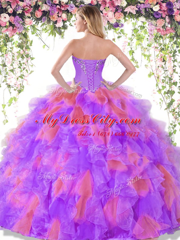 Inexpensive Multi-color Organza Lace Up Sweet 16 Quinceanera Dress Sleeveless Floor Length Beading and Ruffles