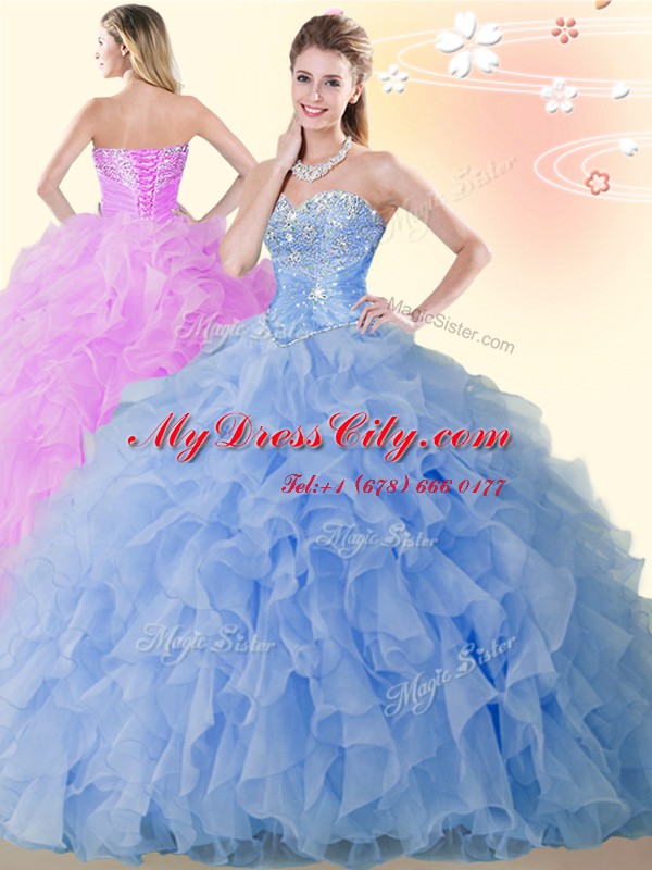 Floor Length Lace Up Vestidos de Quinceanera Blue for Military Ball and Sweet 16 and Quinceanera with Beading and Ruffles