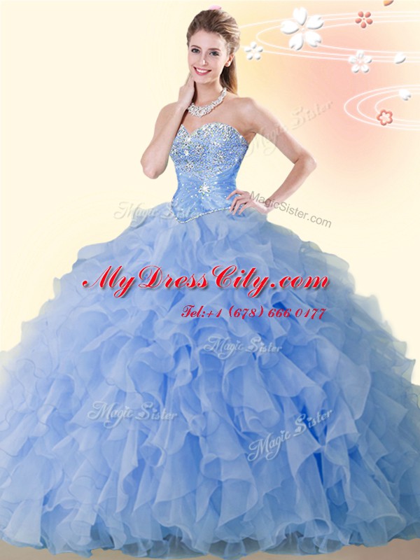 Floor Length Lace Up Vestidos de Quinceanera Blue for Military Ball and Sweet 16 and Quinceanera with Beading and Ruffles