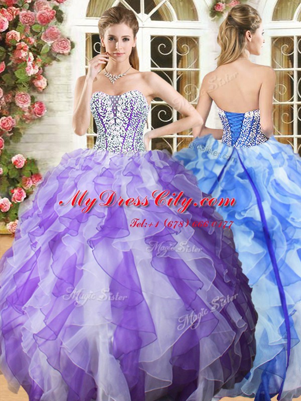 White and Purple Lace Up Sweetheart Beading and Ruffles 15th Birthday Dress Organza Sleeveless