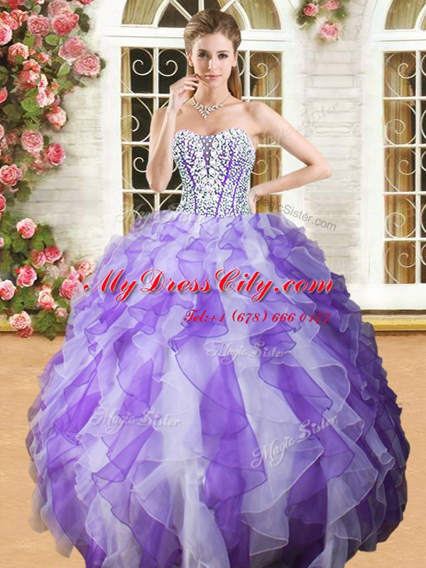 White and Purple Lace Up Sweetheart Beading and Ruffles 15th Birthday Dress Organza Sleeveless