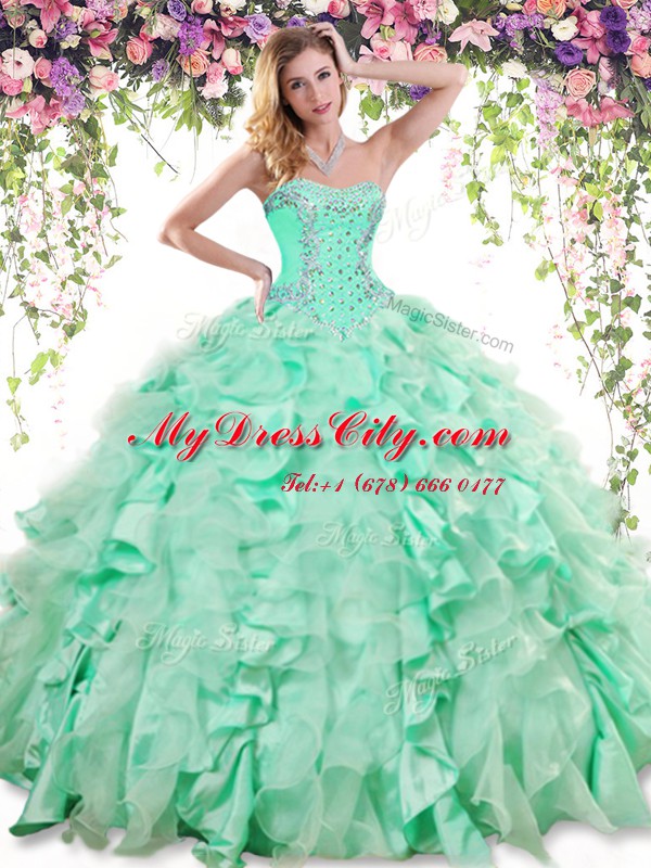 Ideal Apple Green Sleeveless Beading and Ruffles Floor Length Quince Ball Gowns