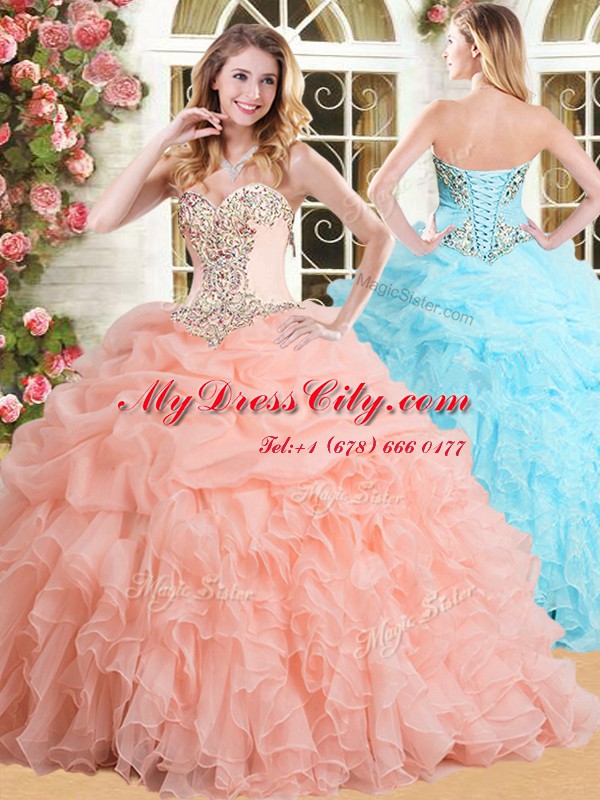 Elegant Floor Length Lace Up Sweet 16 Dress Peach for Military Ball and Sweet 16 and Quinceanera with Appliques and Ruffles and Pick Ups