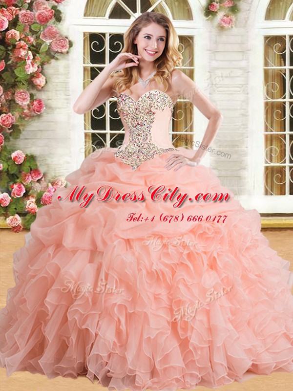 Elegant Floor Length Lace Up Sweet 16 Dress Peach for Military Ball and Sweet 16 and Quinceanera with Appliques and Ruffles and Pick Ups