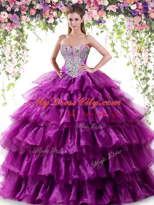 Latest Purple Ball Gowns Organza Sweetheart Sleeveless Beading and Ruffled Layers Floor Length Lace Up 15 Quinceanera Dress