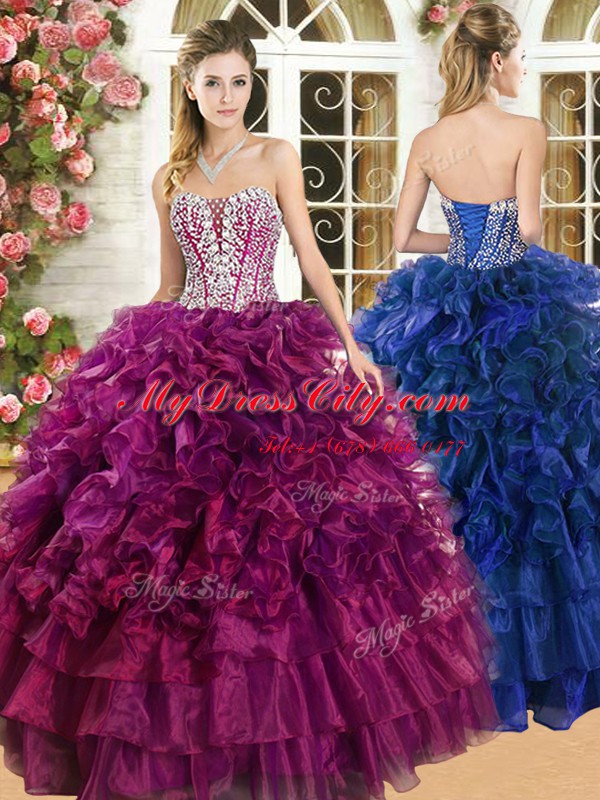 Burgundy Ball Gowns Beading and Ruffles and Ruffled Layers Sweet 16 Dresses Lace Up Organza Sleeveless Floor Length