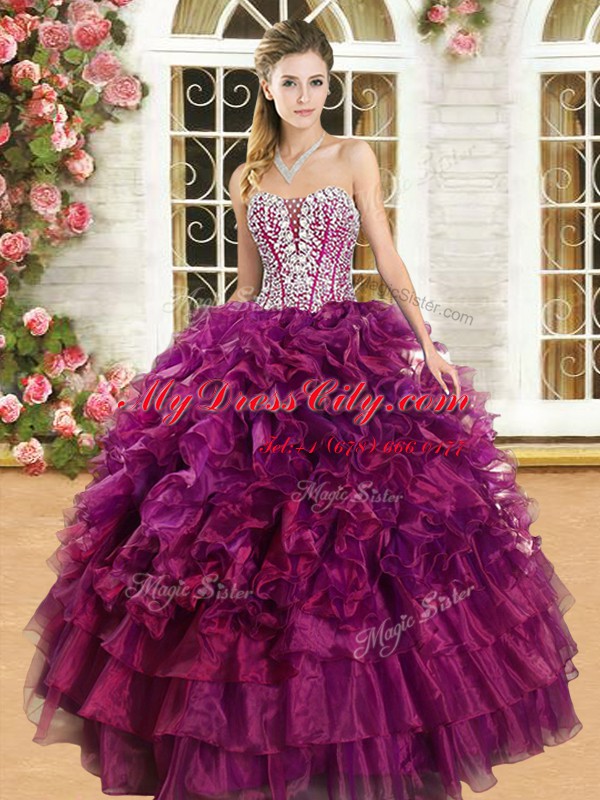 Burgundy Ball Gowns Beading and Ruffles and Ruffled Layers Sweet 16 Dresses Lace Up Organza Sleeveless Floor Length