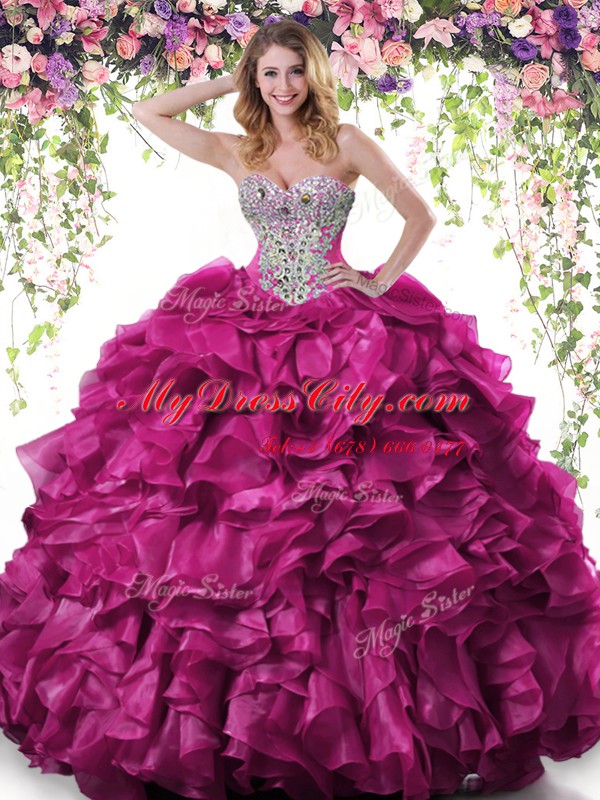 Inexpensive Fuchsia Sleeveless Organza Lace Up Quinceanera Gowns for Military Ball and Sweet 16 and Quinceanera