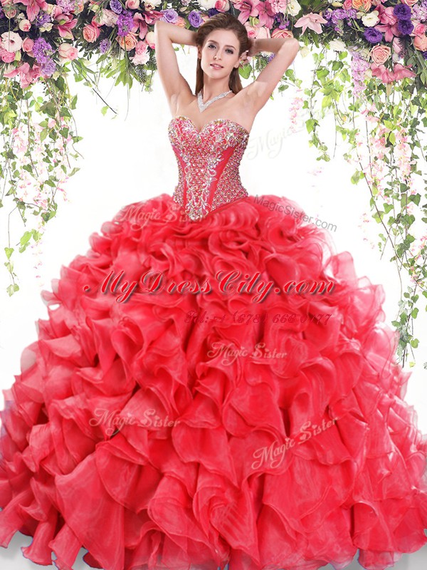 Comfortable Red Sleeveless Sweep Train Beading and Ruffles Sweet 16 Quinceanera Dress