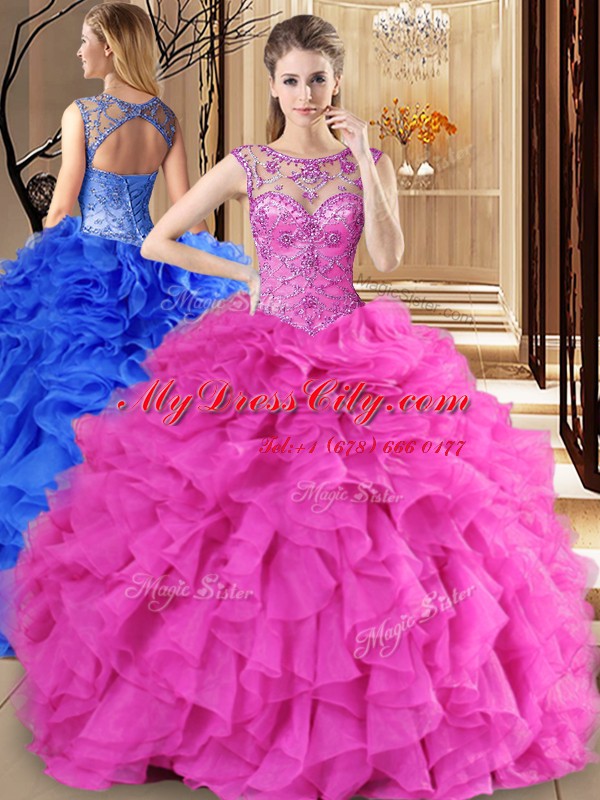 Delicate Scoop Organza Sleeveless Floor Length Quince Ball Gowns and Beading and Ruffles