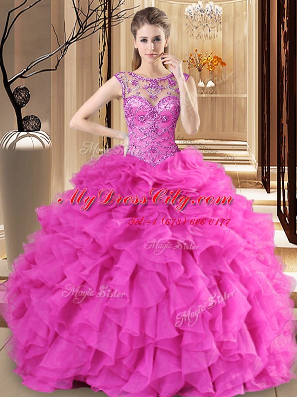 Delicate Scoop Organza Sleeveless Floor Length Quince Ball Gowns and Beading and Ruffles