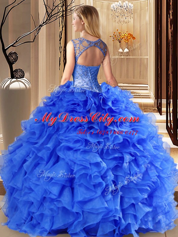 Delicate Scoop Organza Sleeveless Floor Length Quince Ball Gowns and Beading and Ruffles