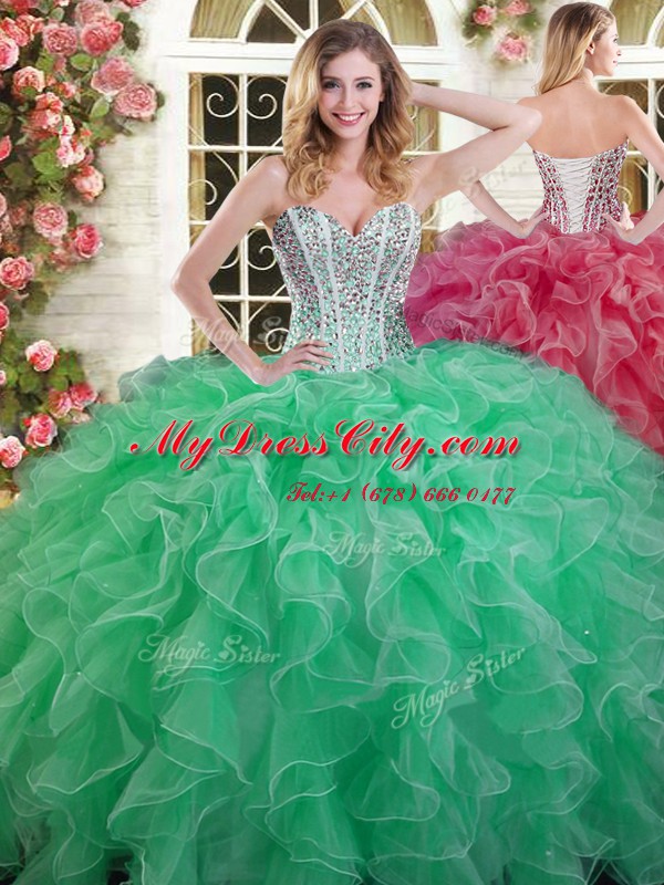 Cute Green Sleeveless Organza Lace Up 15 Quinceanera Dress for Military Ball and Sweet 16 and Quinceanera